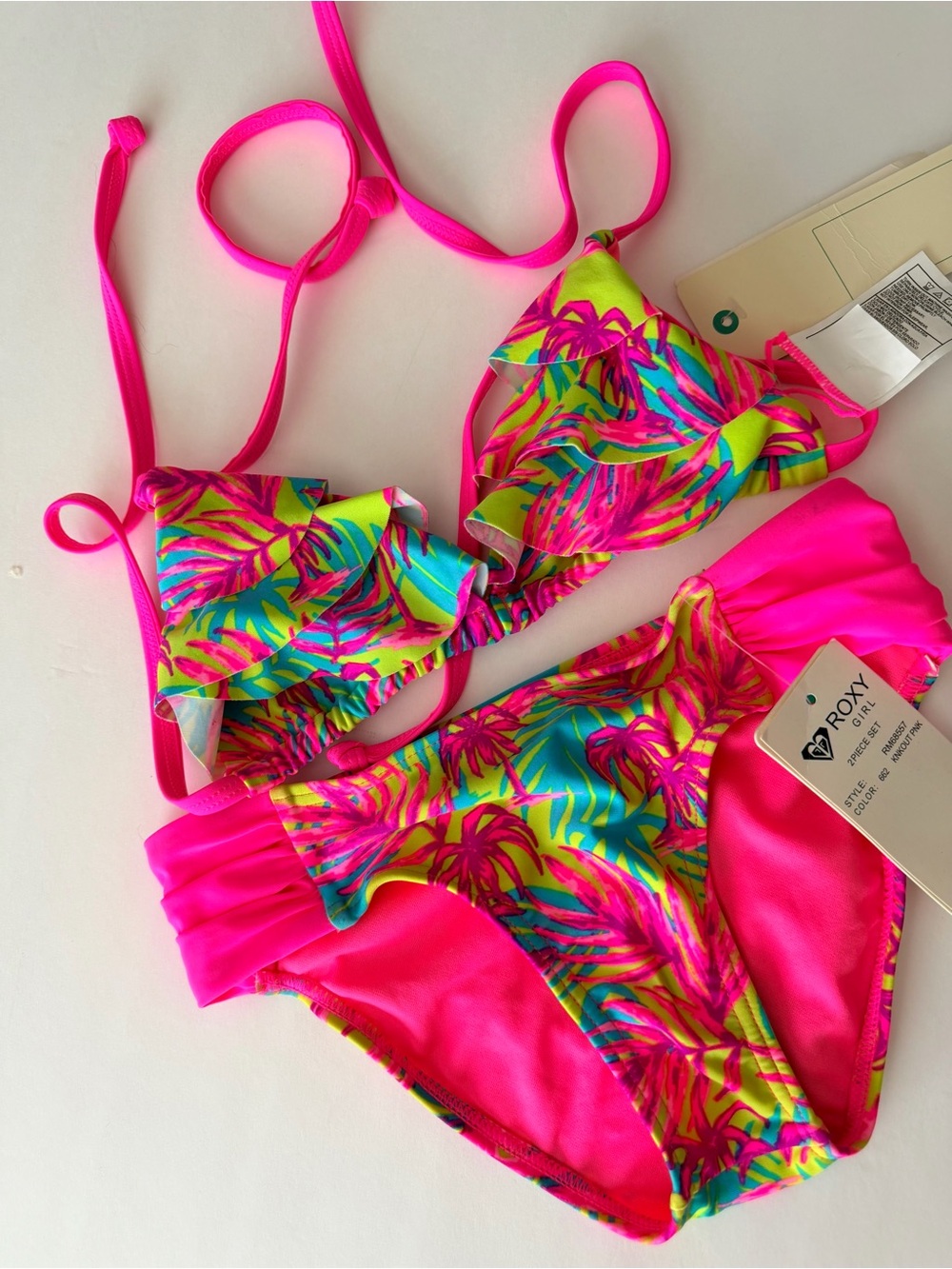 Roxy Girls Hot Pink Tropical Ruffle Bikini